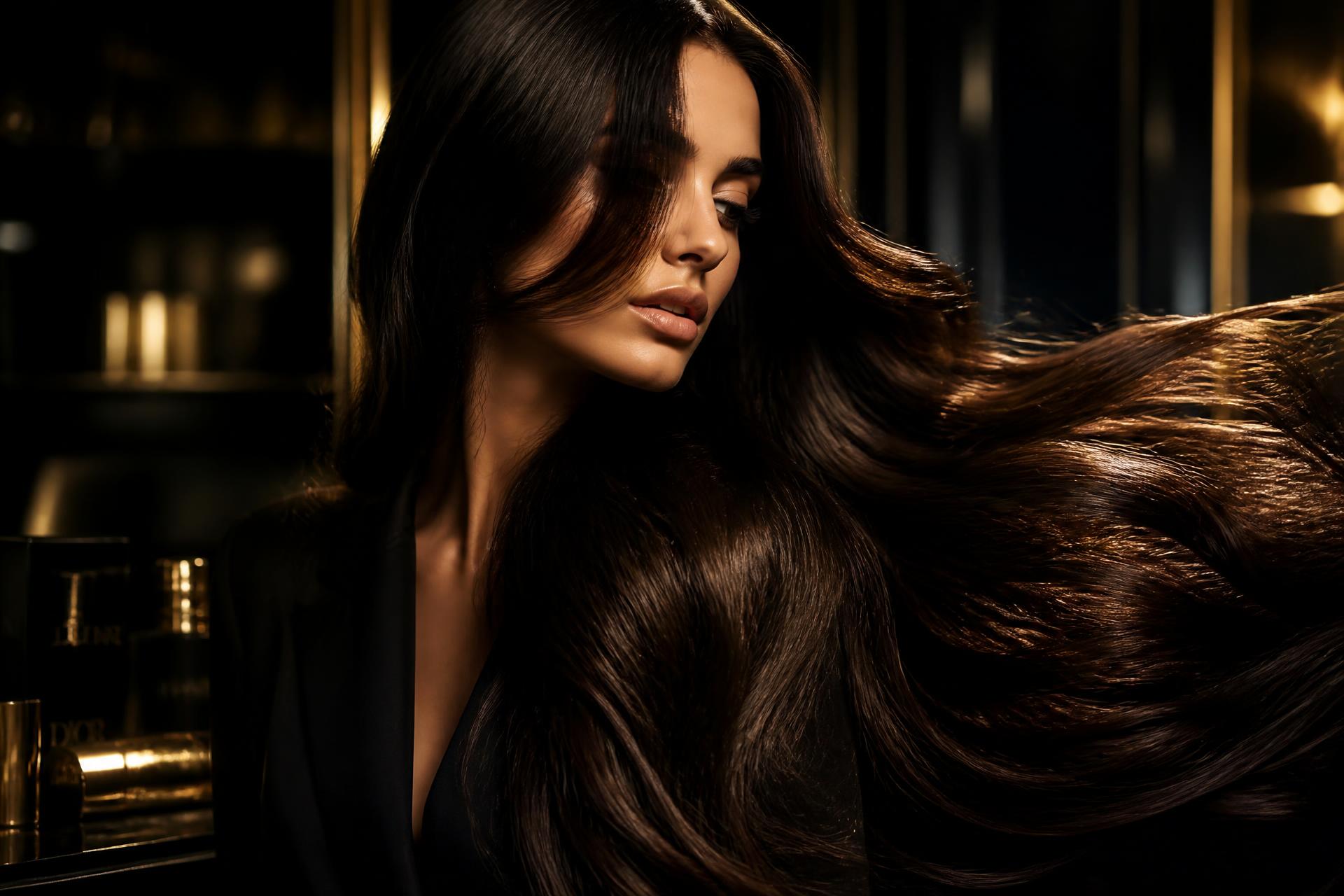 Cabelo longo brilhante em cenário luxuoso